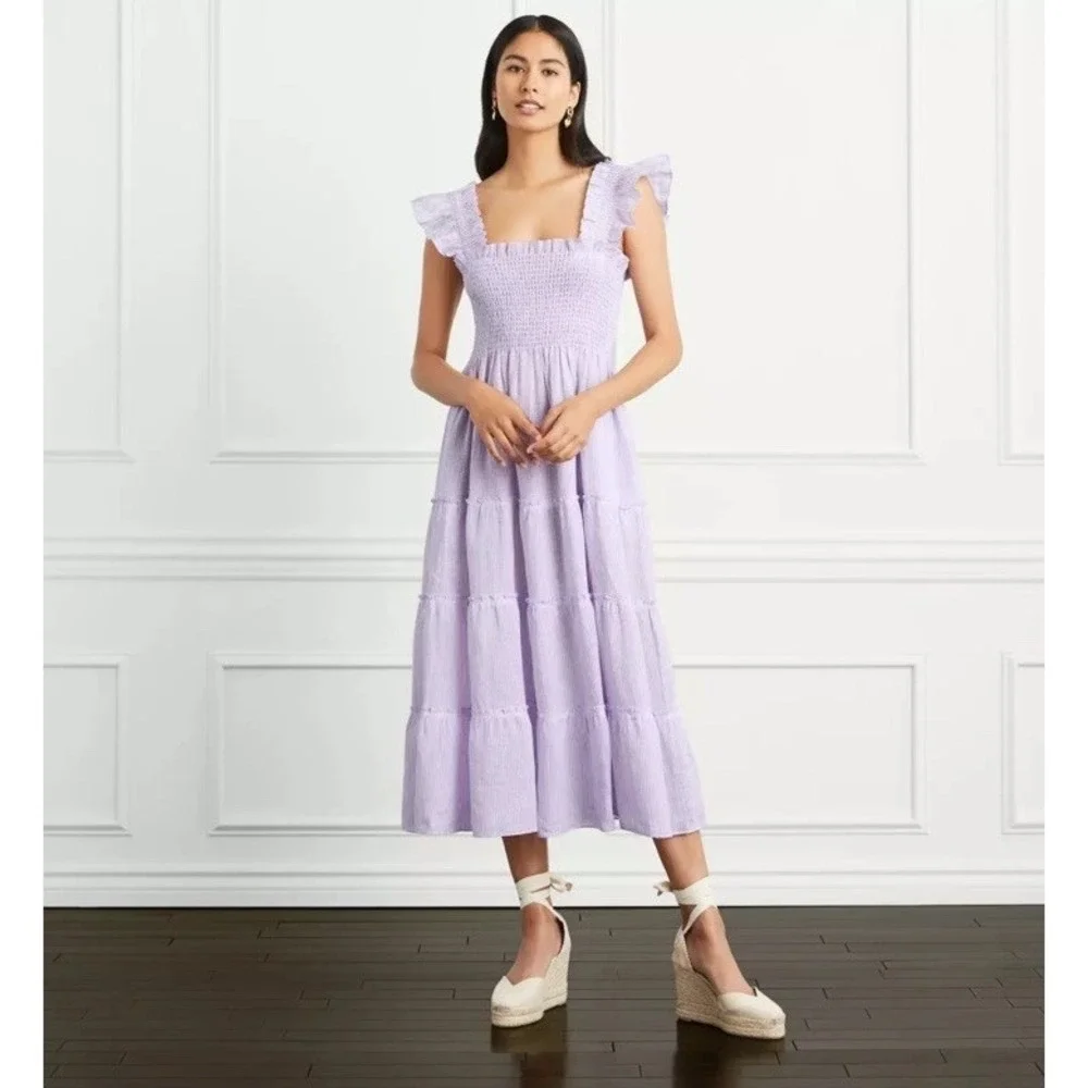 Hill House Home Ellie Nap Dress Lilac Stripe Linen Smocked Tiered Pockets XL - Picture 1 of 11